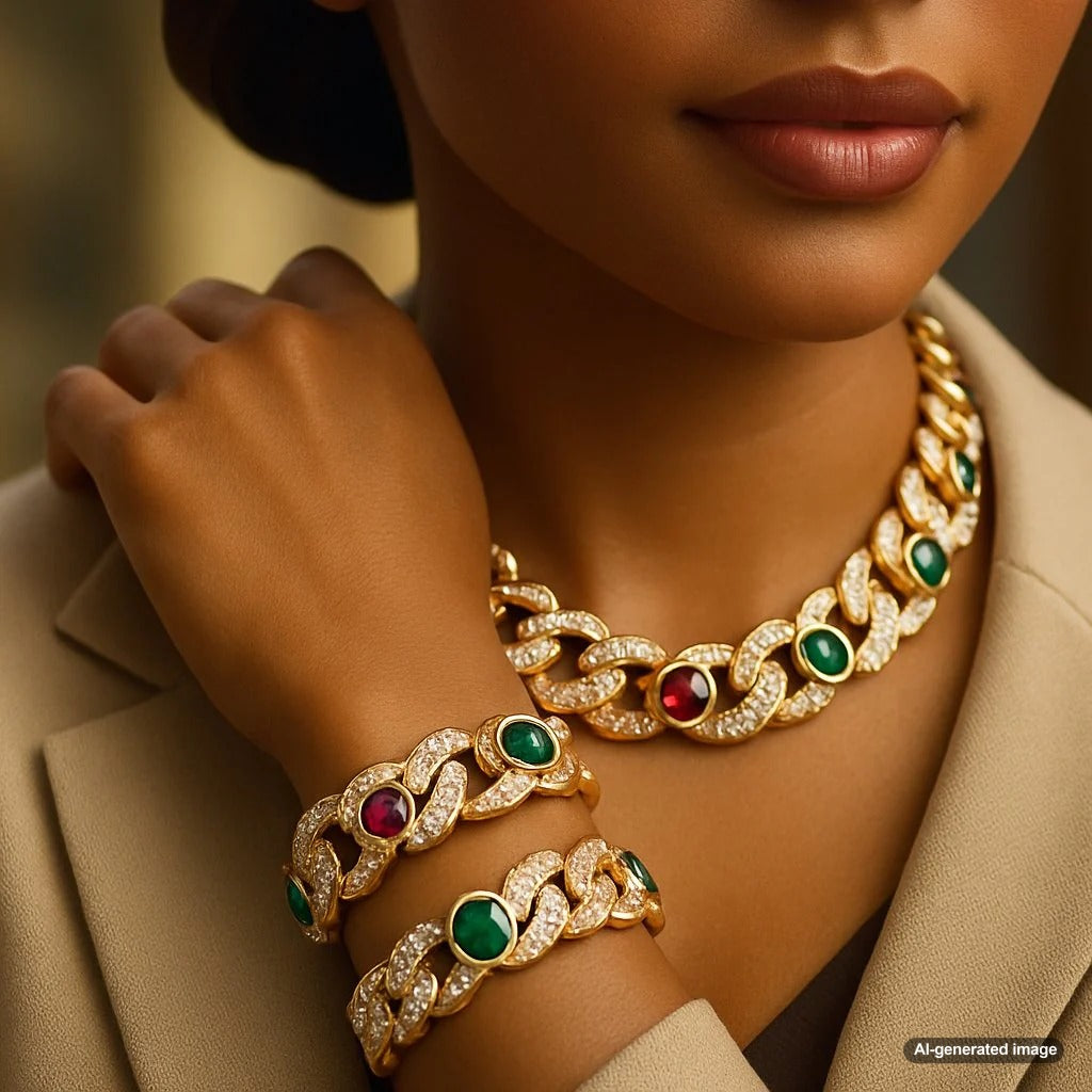 Luxurious gold Cuban link necklace and bracelet set displayed on black velvet
