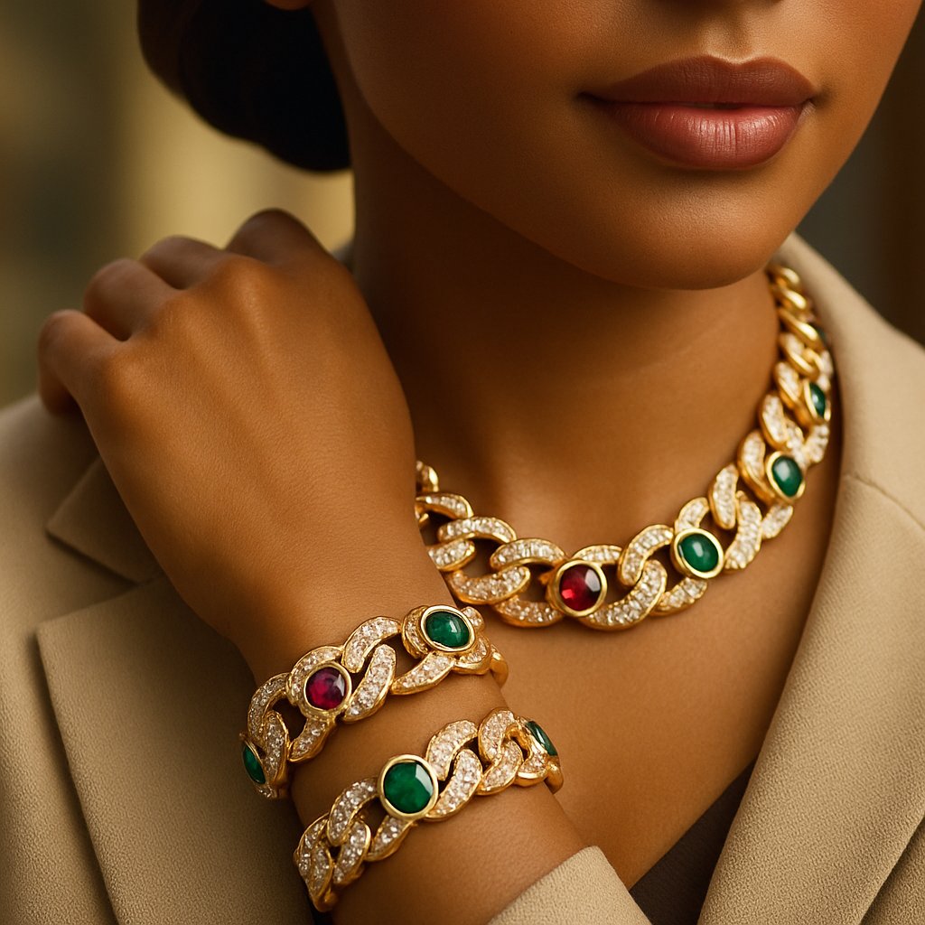 Luxurious gold Cuban link necklace and bracelet set displayed on black velvet