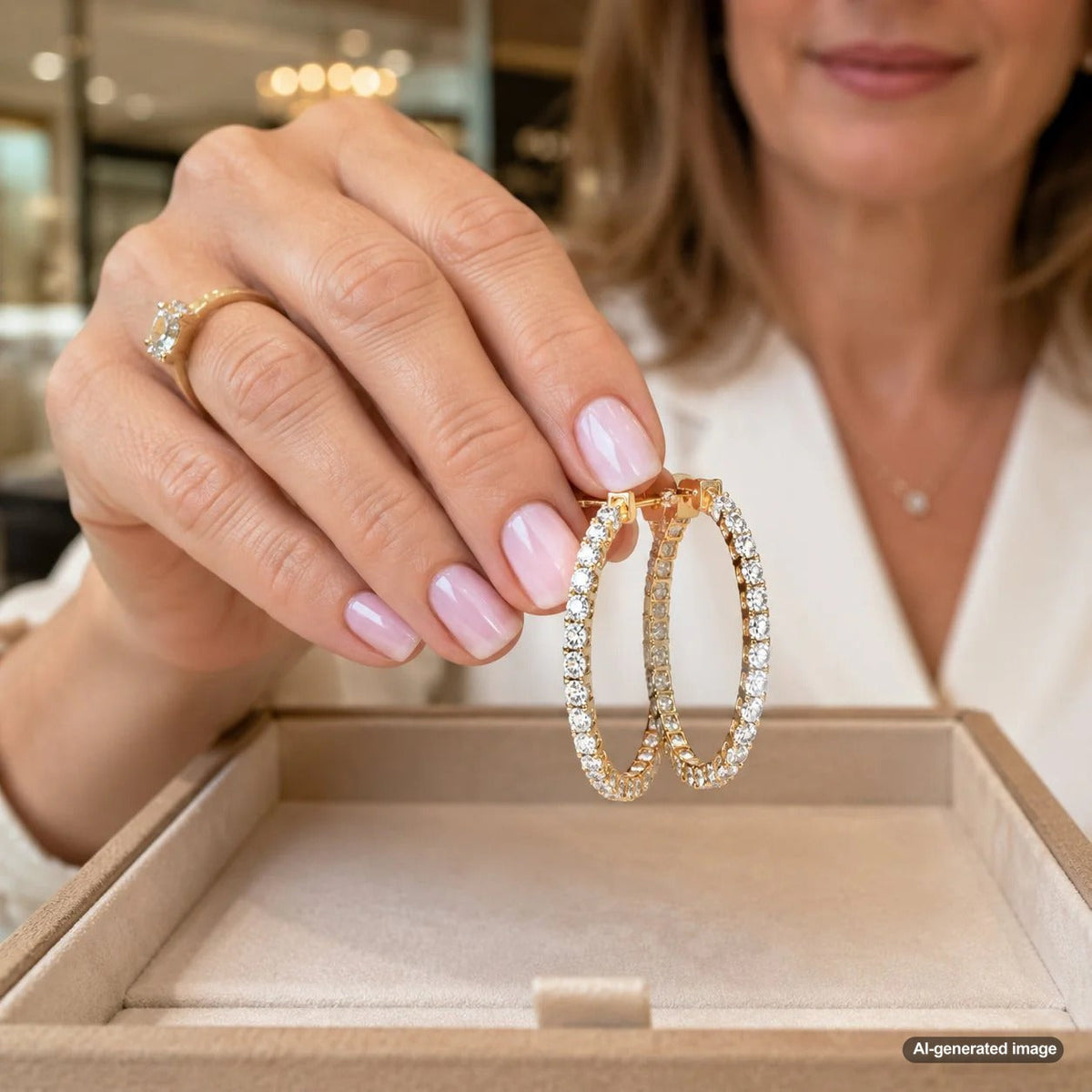 Close-up of a woman wearing dazzling inside-out diamond hoop earrings, showcasing 360-degree sparkle