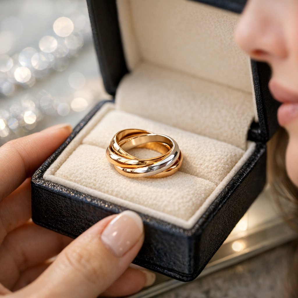 Three interlocking Russian wedding rings in rose, yellow, and white gold stacked together on an open hand against a soft beige background.
