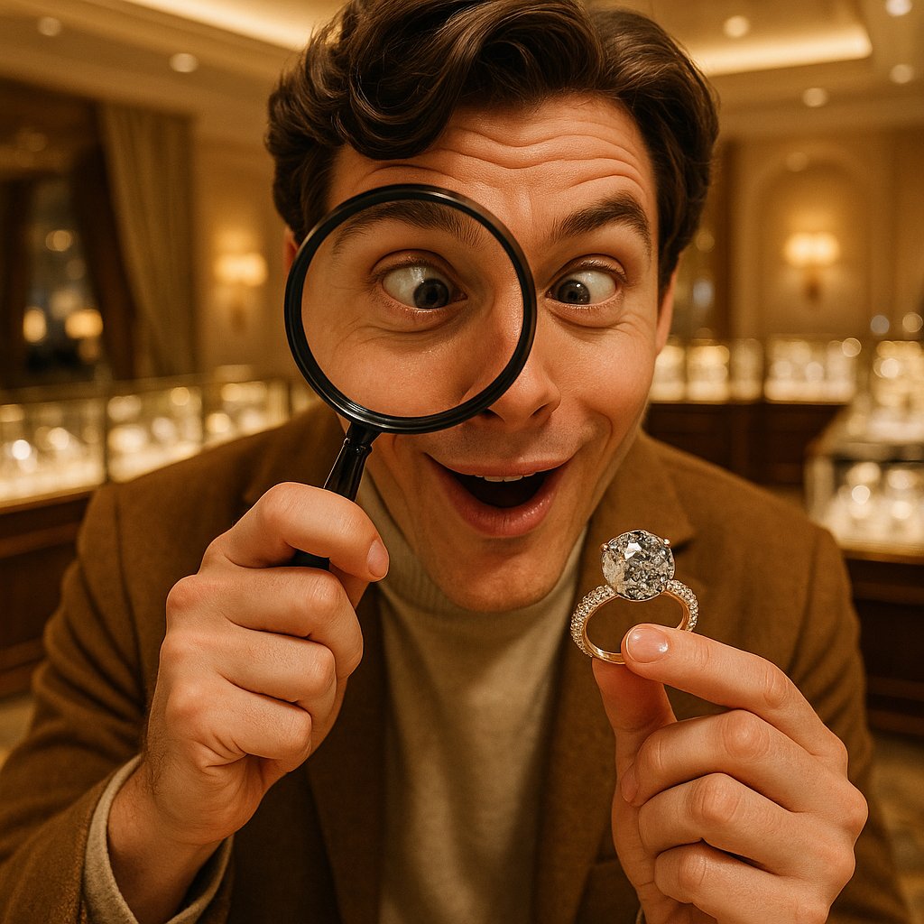 A close-up macro shot of a unique salt and pepper diamond engagement ring set in rose gold, showcasing its distinctive speckled inclusions.