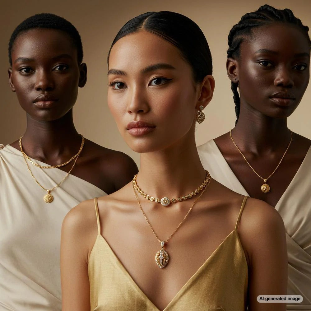An elegant collection of necklaces showcasing different styles, from ancient artifacts to modern statement pieces.