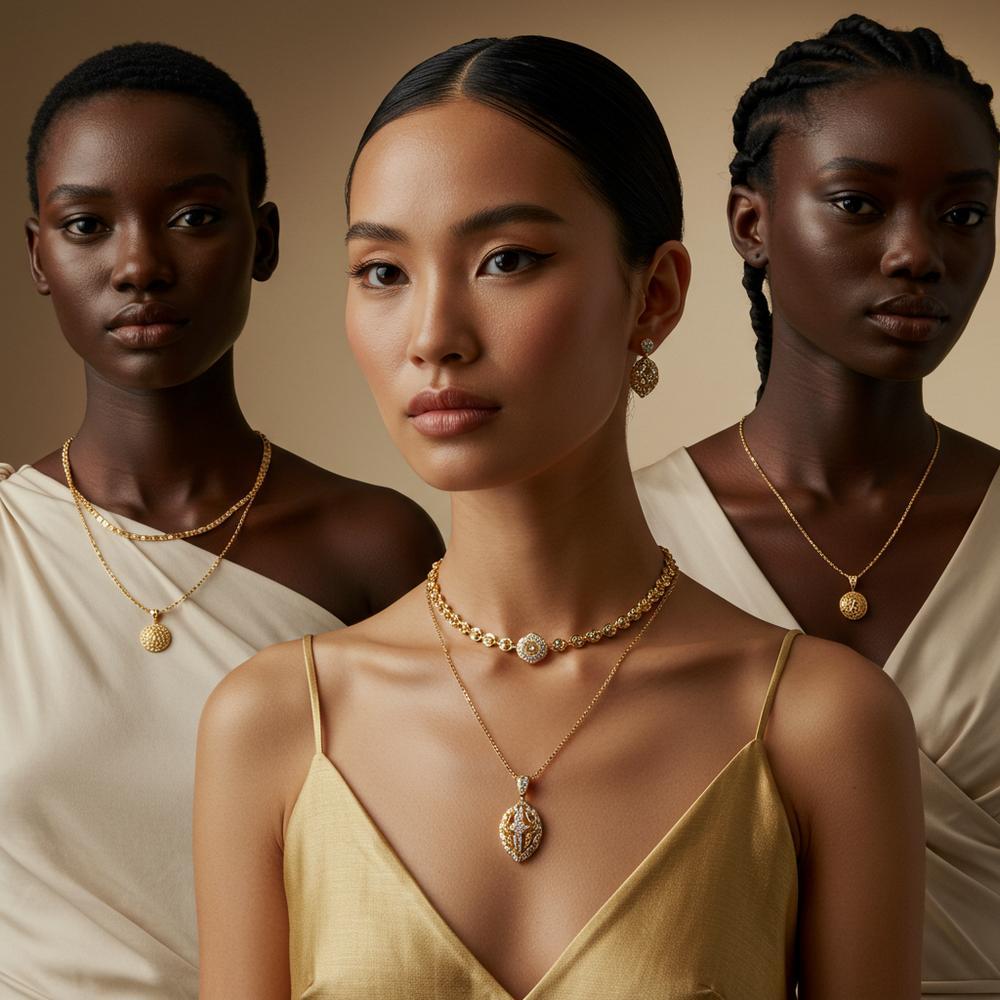 An elegant collection of necklaces showcasing different styles, from ancient artifacts to modern statement pieces.