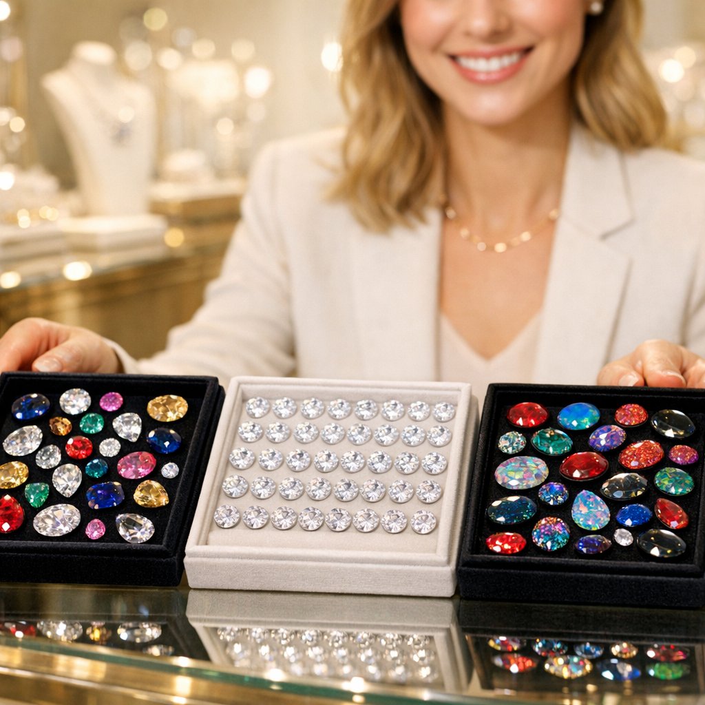 Close-up comparison of synthetic, simulant, and composite gemstones showcasing their brilliant sparkle and colors.