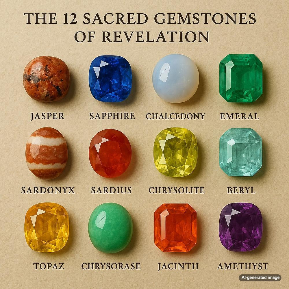 The 12 sacred gemstones of Revelation displayed in a stunning arrangement, showcasing their vibrant colors and spiritual significance.