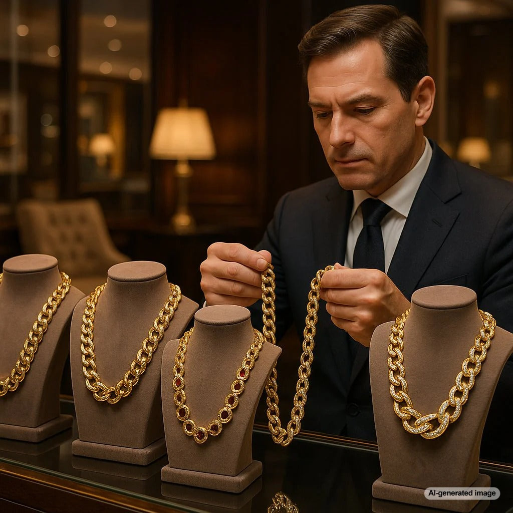 Luxury heavy chains including Cuban link, curb, and rope styles displayed on black velvet