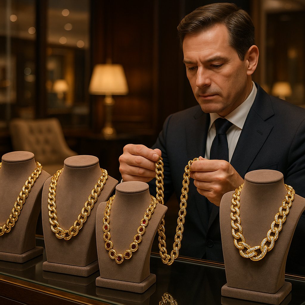 Luxury heavy chains including Cuban link, curb, and rope styles displayed on black velvet