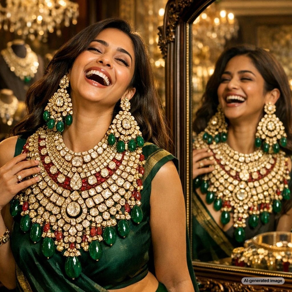 Close up of a traditional Mughal-era Indian emerald and diamond necklace with intricate gold work
