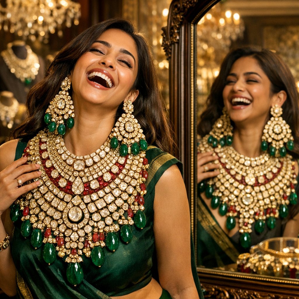 Close up of a traditional Mughal-era Indian emerald and diamond necklace with intricate gold work