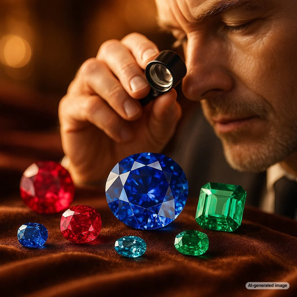 An exquisite collection of colored gemstone rings and jewelry showcasing rubies, sapphires, and emeralds from Robinson's Jewelers