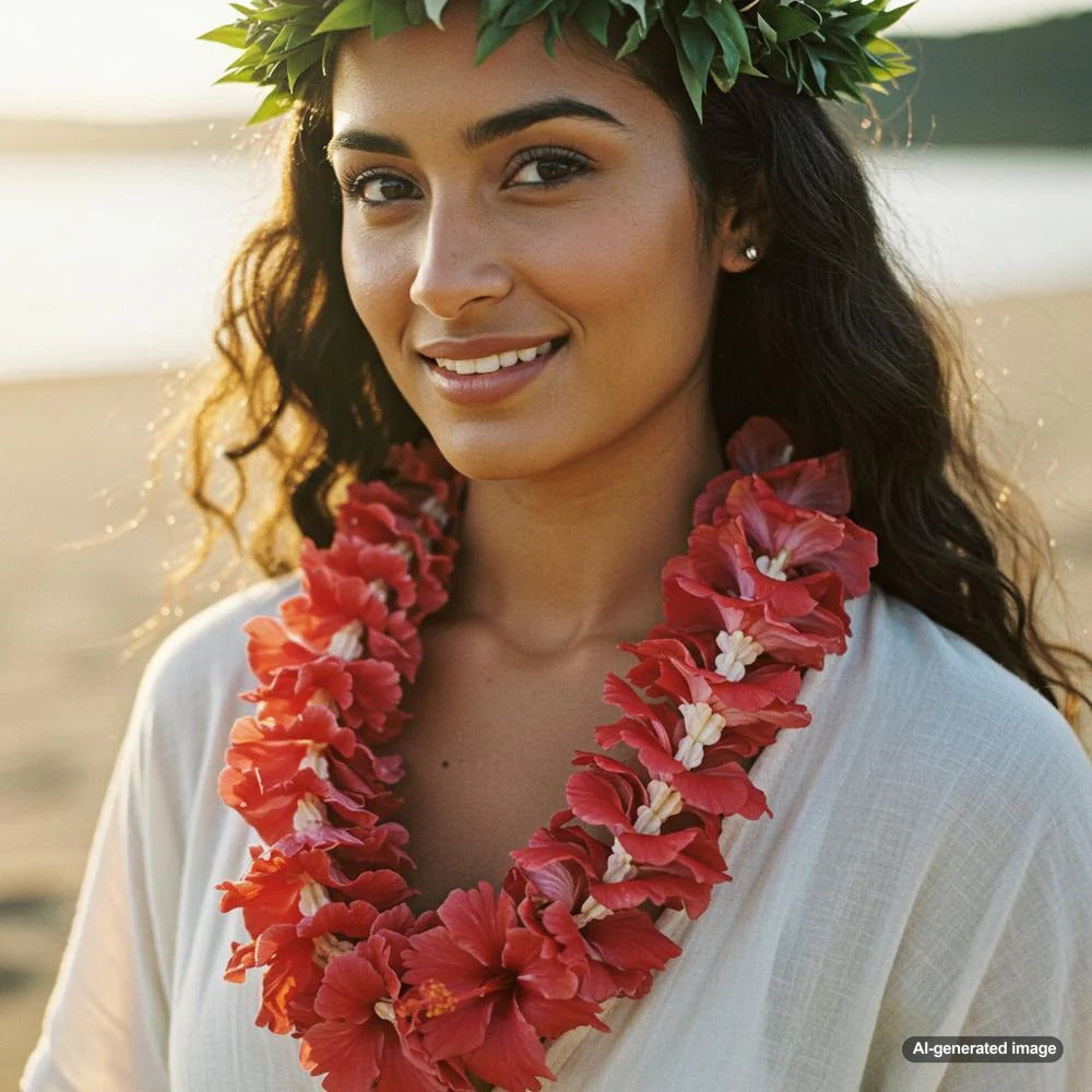 Various types of Hawaiian necklaces including floral leis, kukui nut leis, and shell leis