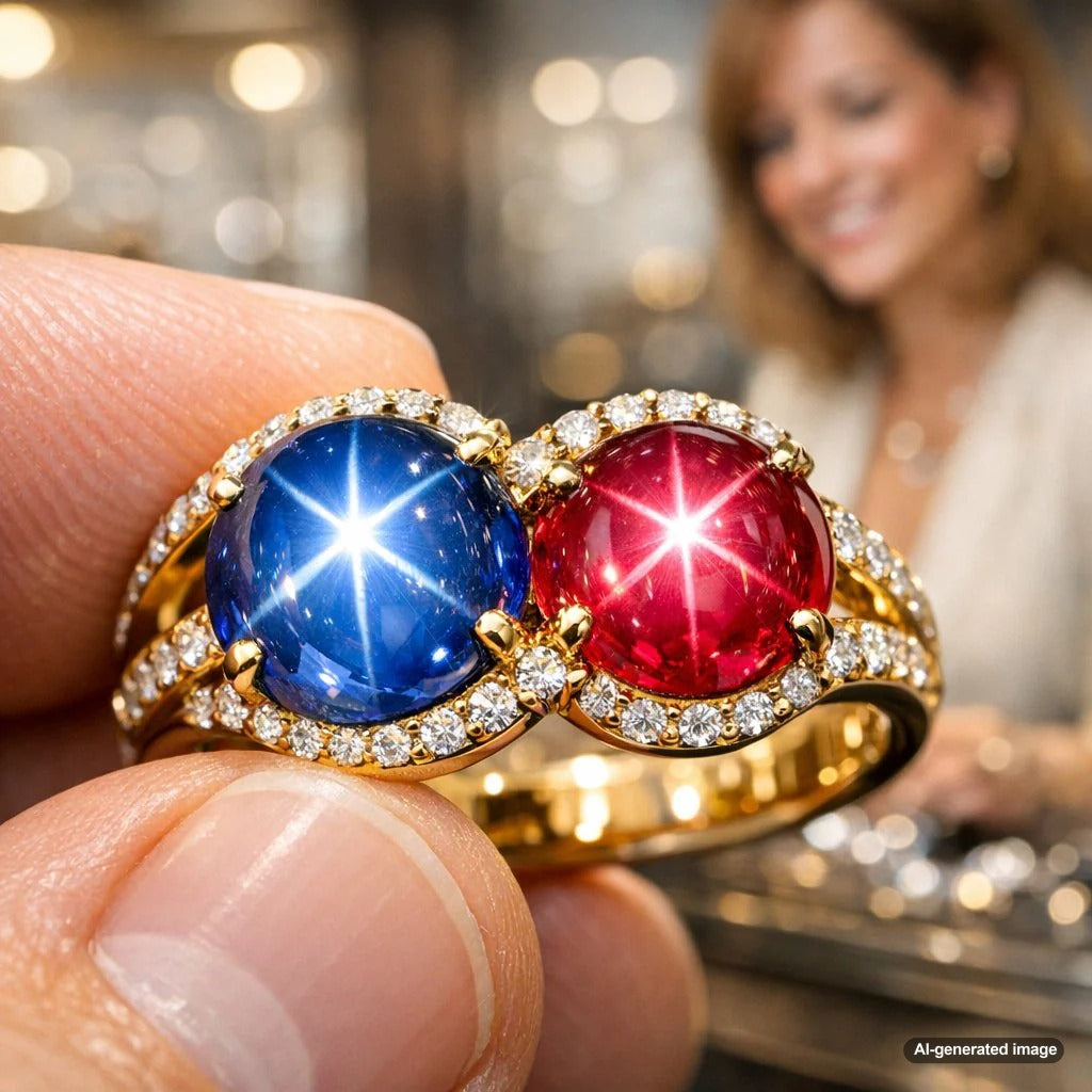 Close-up of a stunning star sapphire cabochon ring displaying a sharp, six-rayed asterism effect on a dark blue background.