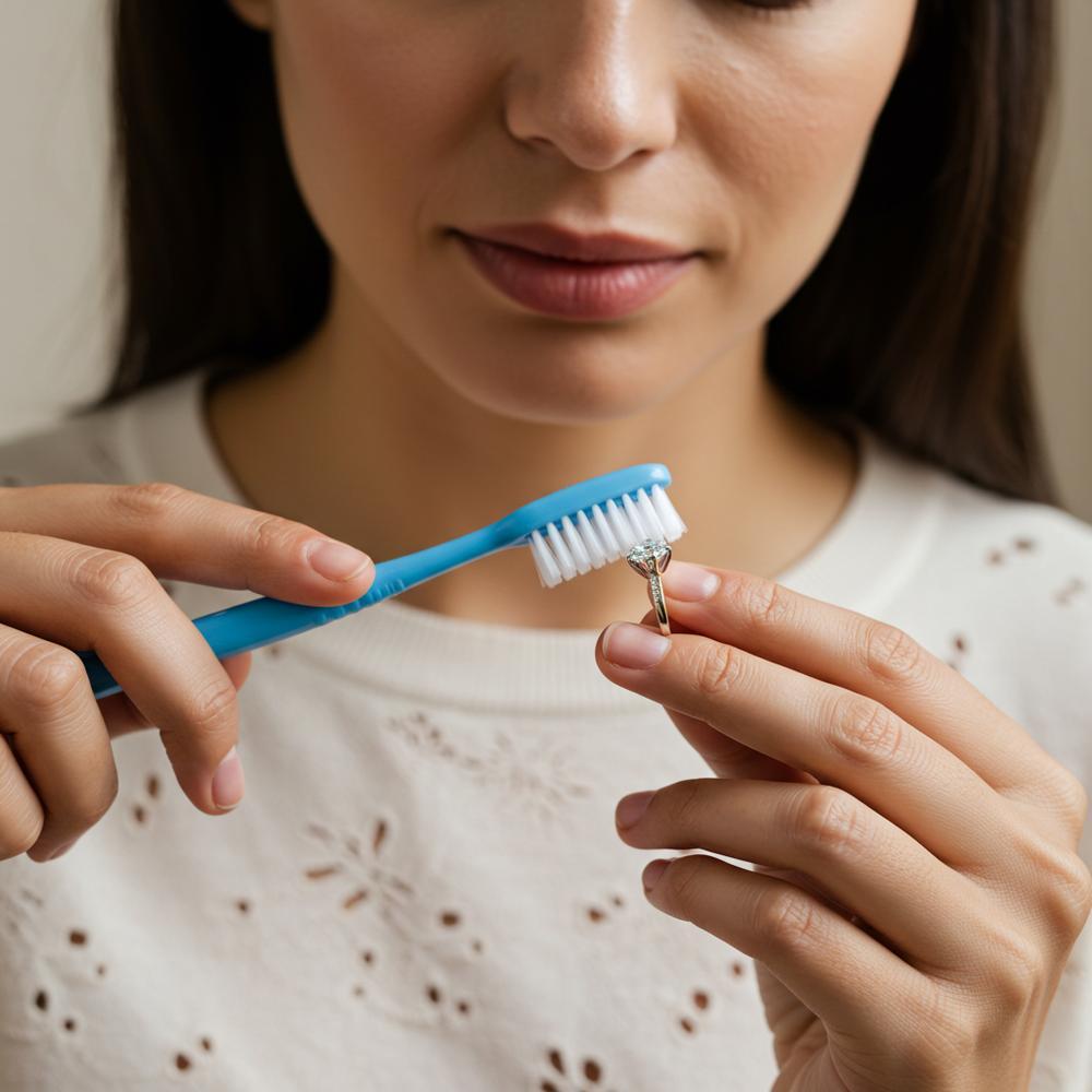 Close-up of a sparkling diamond ring being cleaned with a soft cloth