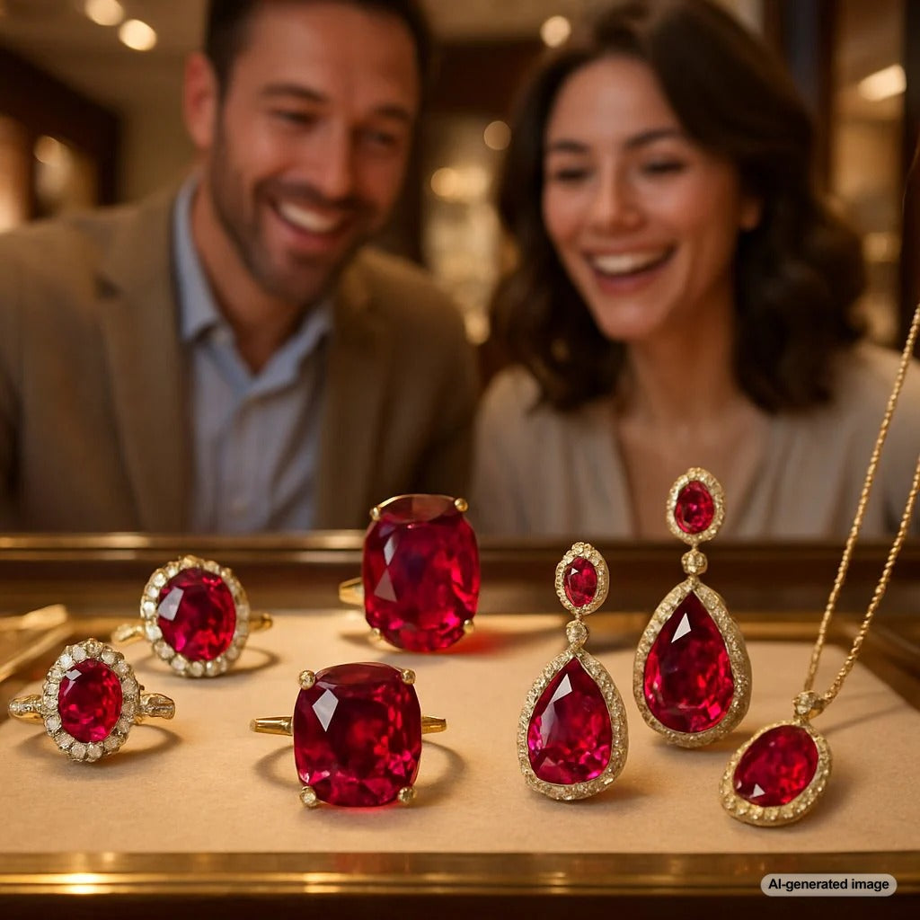 Close-up comparison of ruby colors showing vivid red and pigeon's blood red gemstones on black velvet