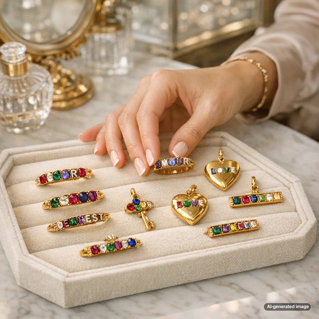 A collection of antique and modern acrostic jewelry rings with colorful gemstones spelling secret messages.