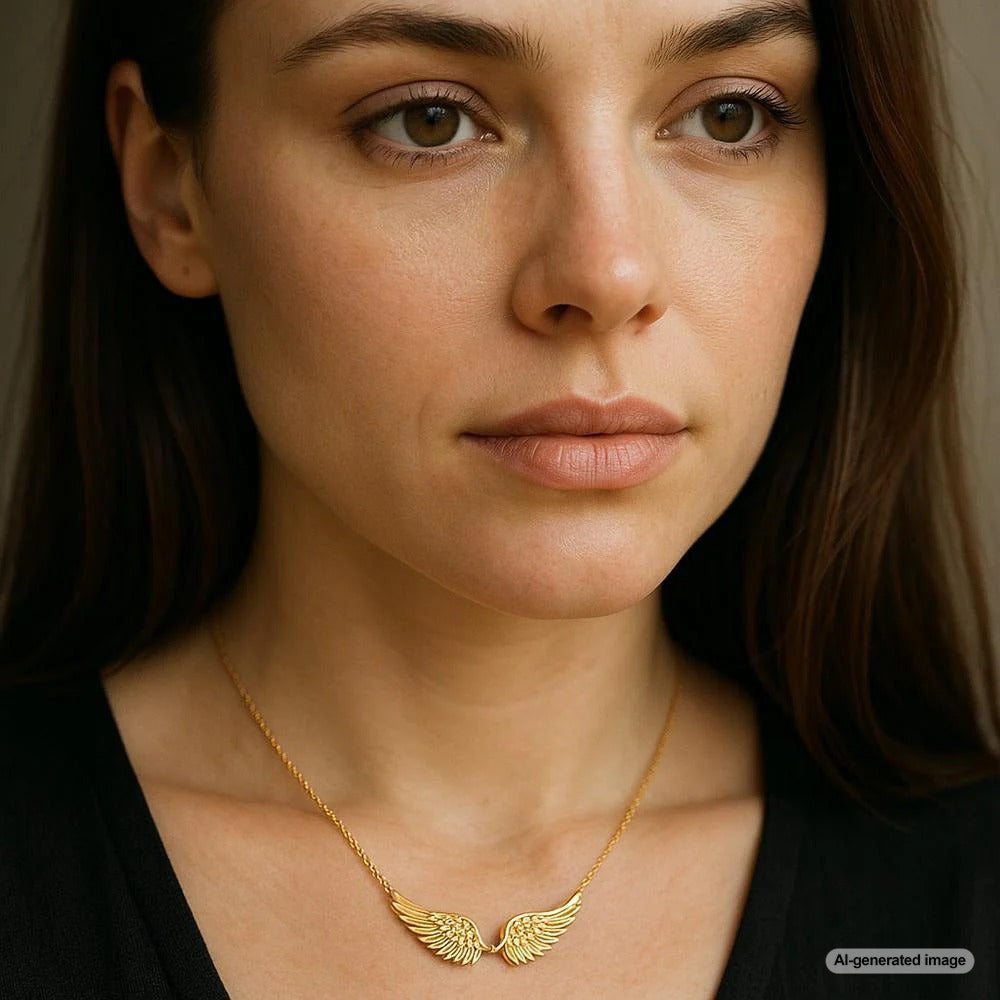Elegant angel wing necklace in sterling silver resting on a satin cloth