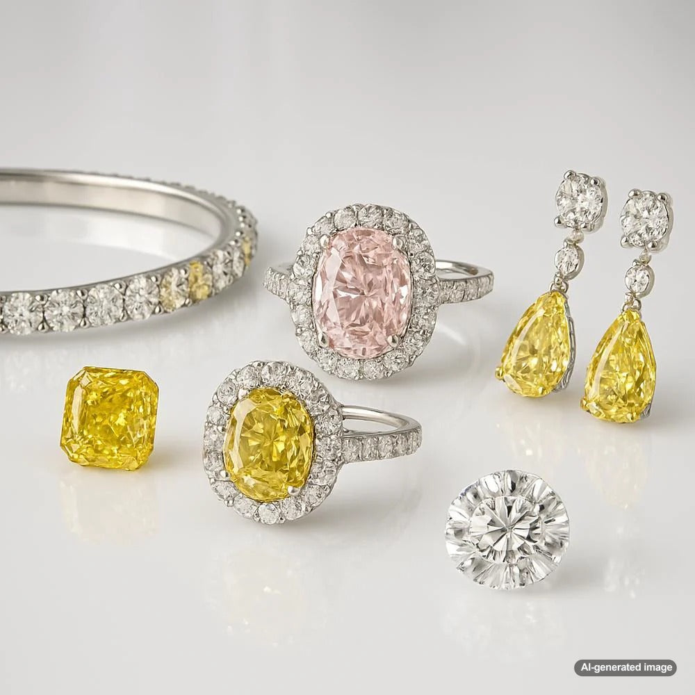 A stunning collection of colored diamonds in various hues, showcasing their vibrant beauty and brilliance.