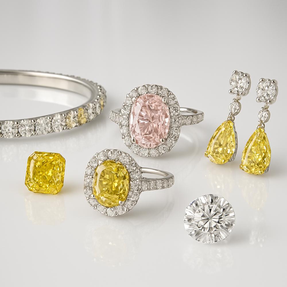A stunning collection of colored diamonds in various hues, showcasing their vibrant beauty and brilliance.