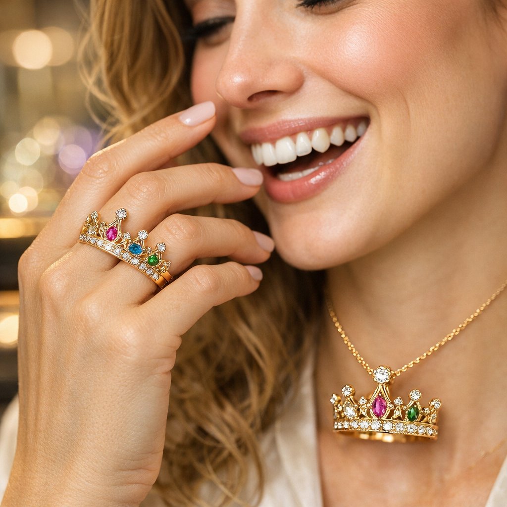 Close-up of a luxurious diamond and gold crown motif ring and pendant on dark velvet at Robinson's Jewelers.
