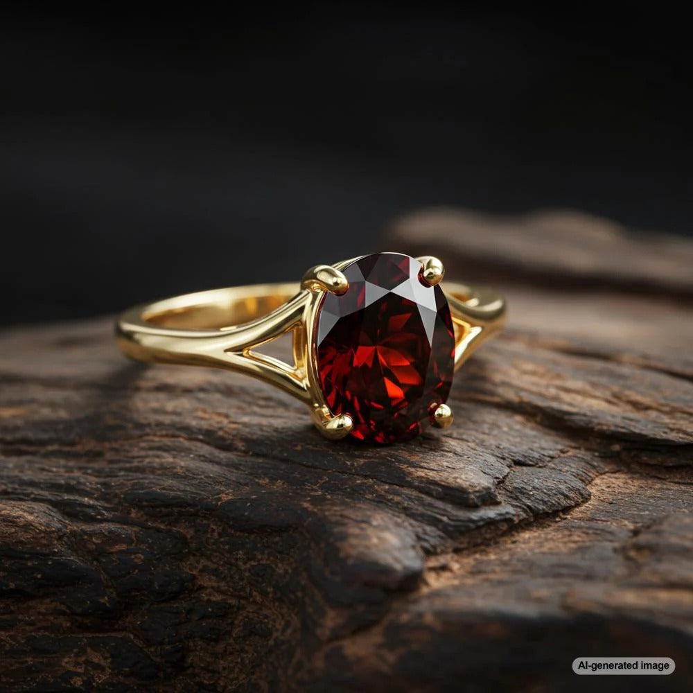 A close-up of a deep red garnet gemstone set in an elegant gold ring, symbolizing passion and spiritual energy.