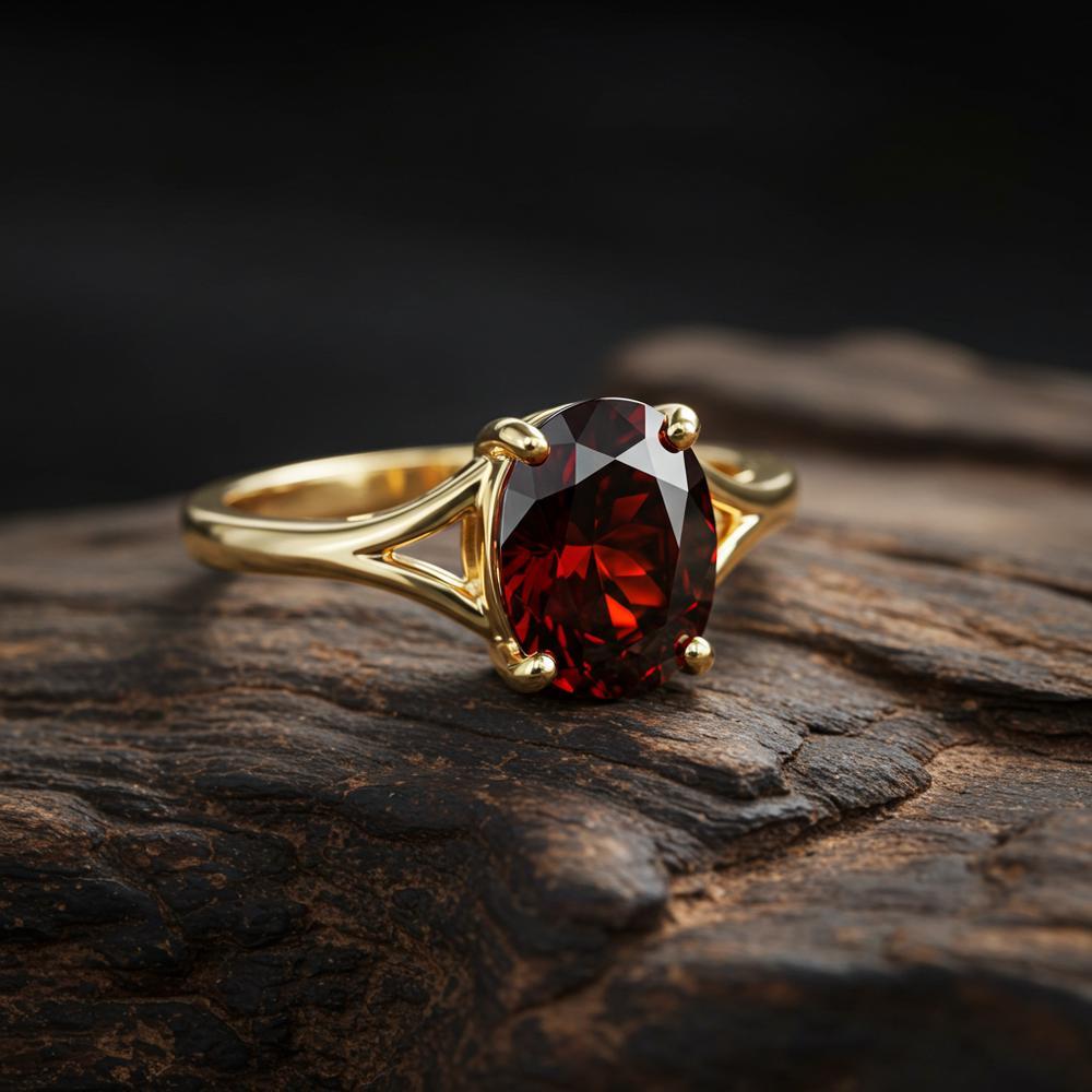 A close-up of a deep red garnet gemstone set in an elegant gold ring, symbolizing passion and spiritual energy.