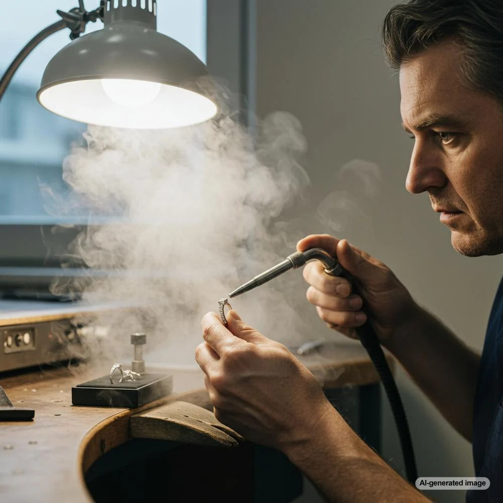 Professional jeweler cleaning a diamond ring with specialized tools