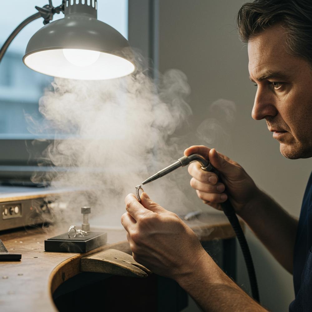 Professional jeweler cleaning a diamond ring with specialized tools