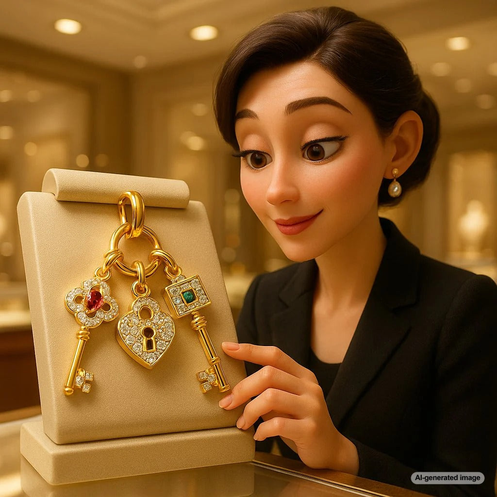 Elegant gold key and lock charm set displayed on velvet background