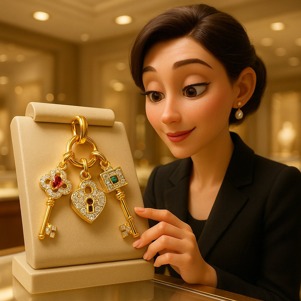 Elegant gold key and lock charm set displayed on velvet background