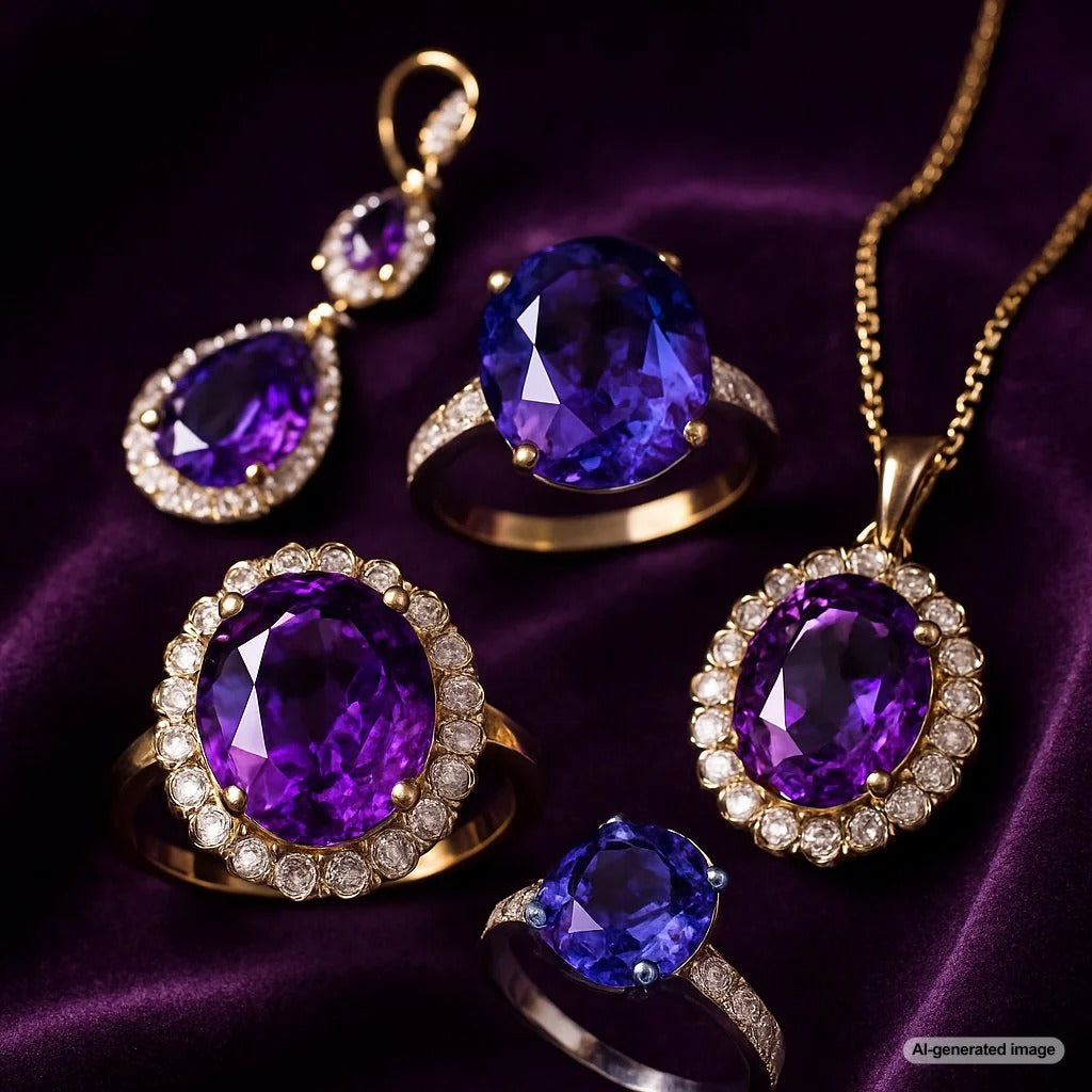 Luxury purple gemstone jewelry collection featuring amethyst and tanzanite rings, necklaces, and earrings from Robinson's Jewelers