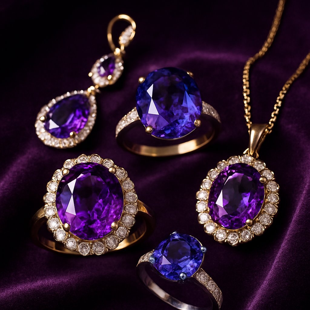 Luxury purple gemstone jewelry collection featuring amethyst and tanzanite rings, necklaces, and earrings from Robinson's Jewelers