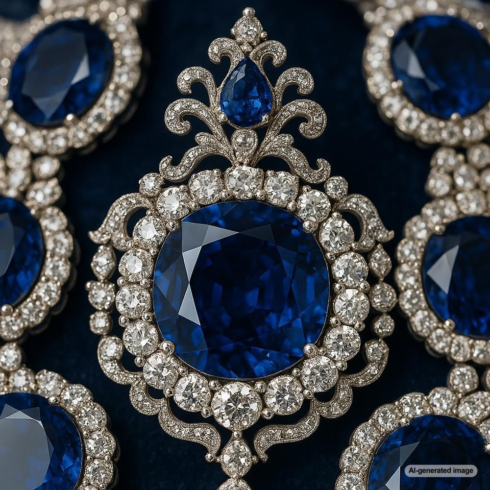 Royal blue sapphire jewelry including rings, necklaces and tiaras displayed on velvet