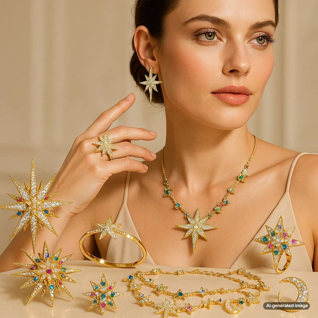 Elegant celestial jewelry collection featuring star and constellation designs in gold and diamonds