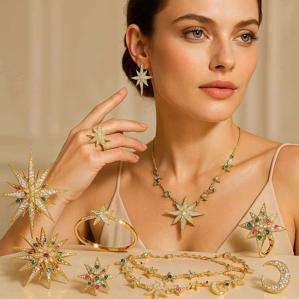 Elegant celestial jewelry collection featuring star and constellation designs in gold and diamonds