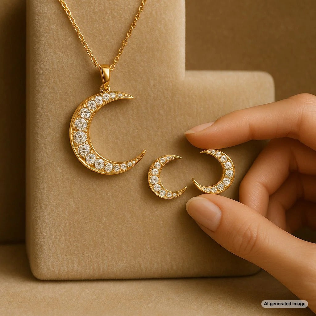 Elegant twin crescent moon necklace featuring sparkling diamonds on a delicate chain