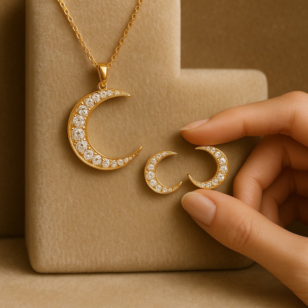 Elegant twin crescent moon necklace featuring sparkling diamonds on a delicate chain