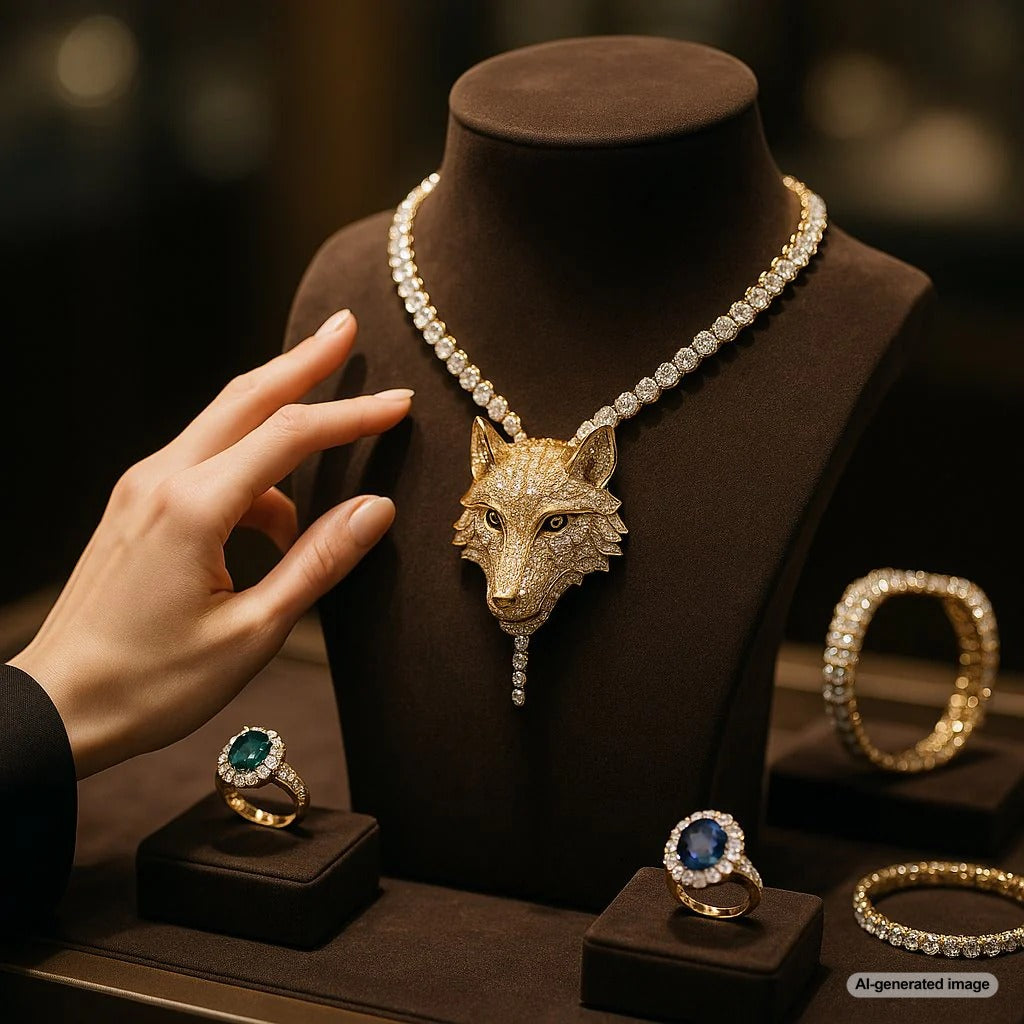 Stunning wolf motif jewelry pieces including rings, pendants, and earrings featuring detailed wolf designs