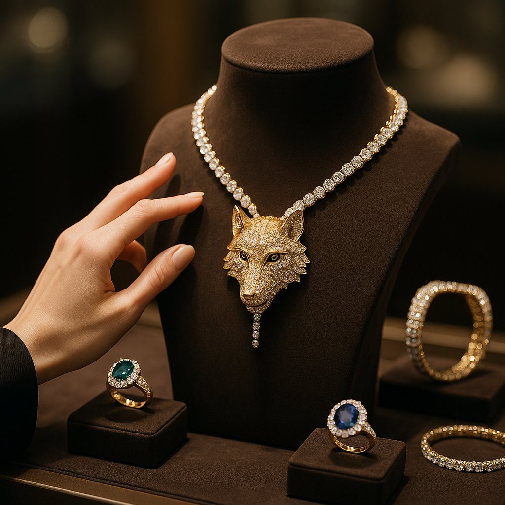 Stunning wolf motif jewelry pieces including rings, pendants, and earrings featuring detailed wolf designs
