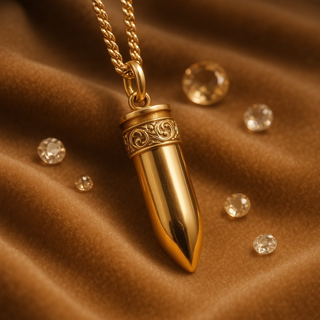 Stylish bullet pendant necklace on a model, showcasing its edgy yet elegant design