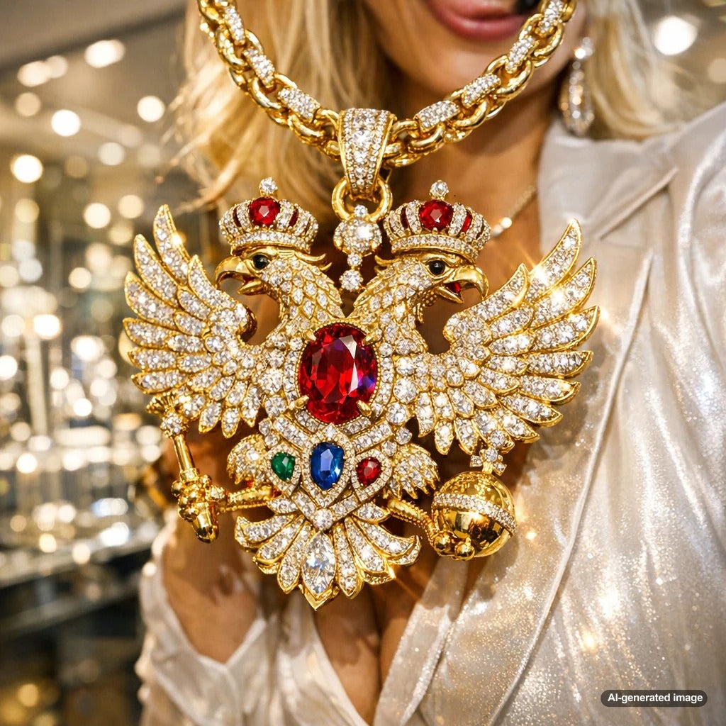Close-up of a stunning double-headed eagle motif in a gold pendant with sparkling diamonds, showcasing intricate antique craftsmanship.