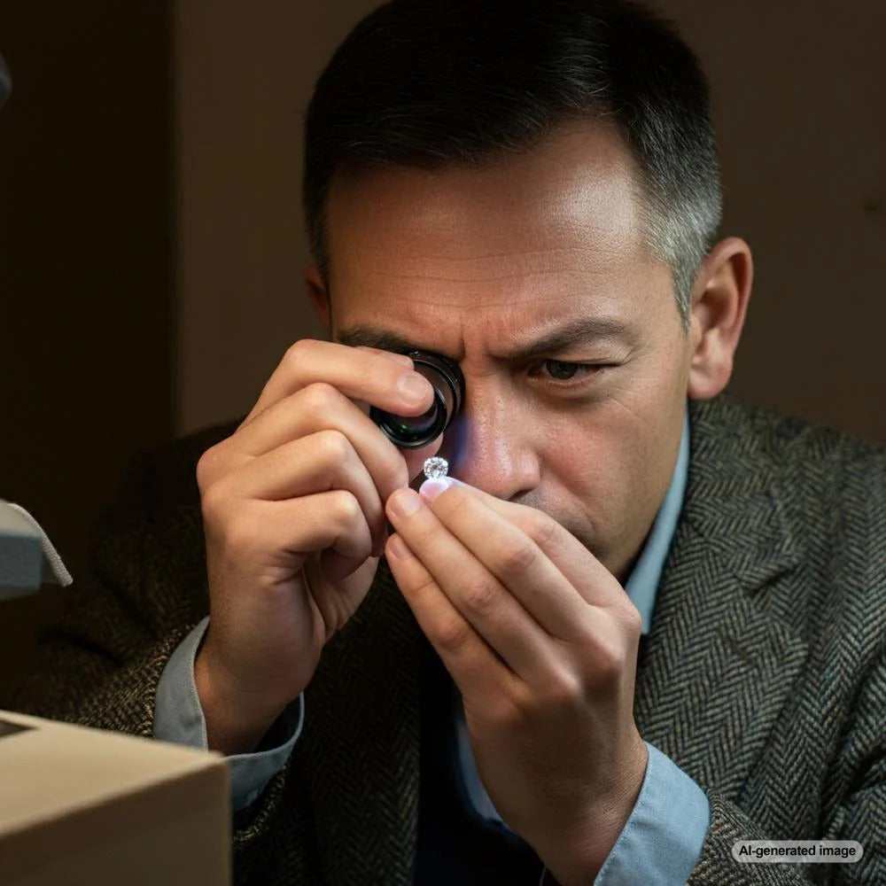 Gemologist examining a gemstone under magnification
