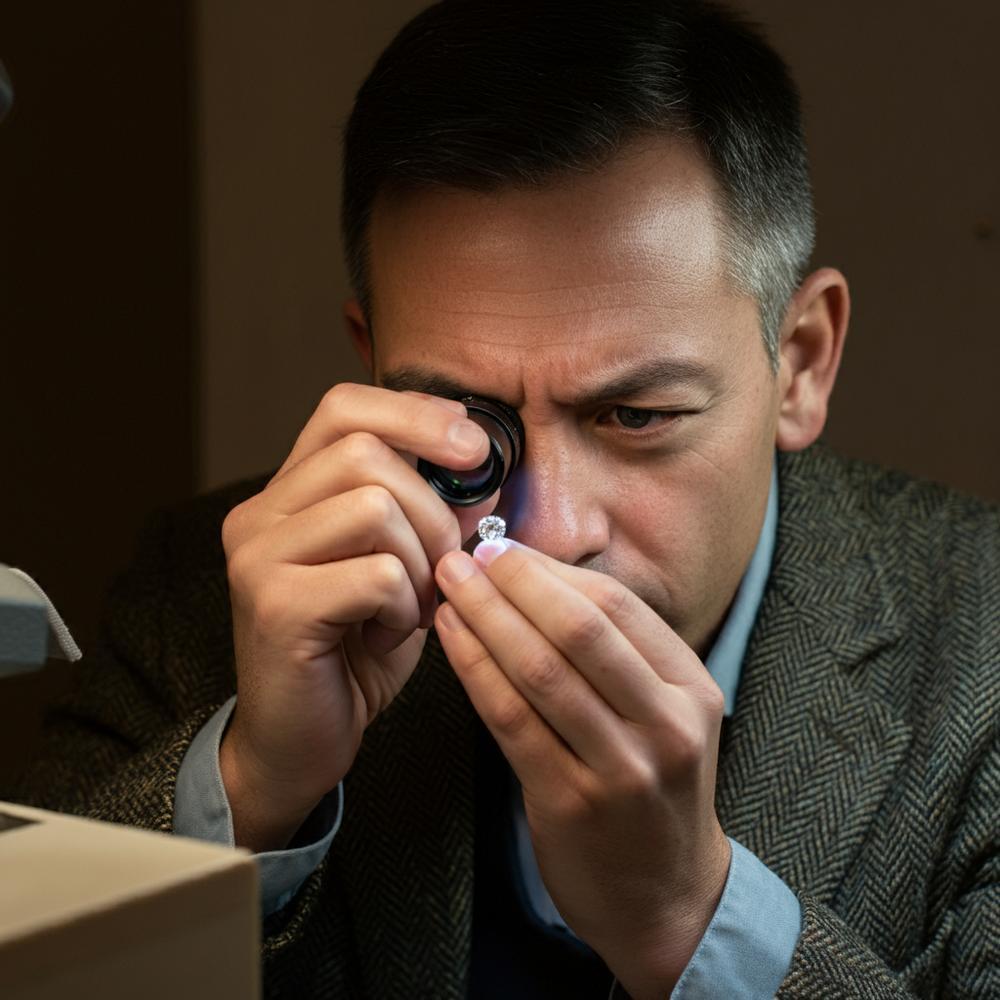 Gemologist examining a gemstone under magnification