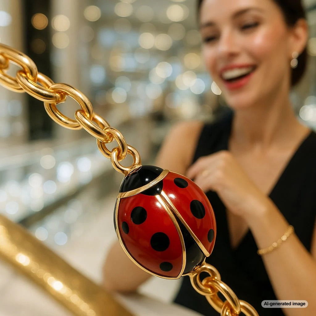 Elegant gold ladybug charm pendant with ruby spots on a delicate chain