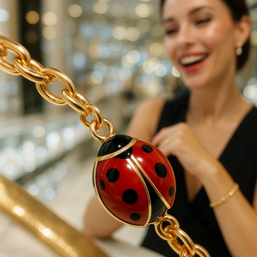Elegant gold ladybug charm pendant with ruby spots on a delicate chain