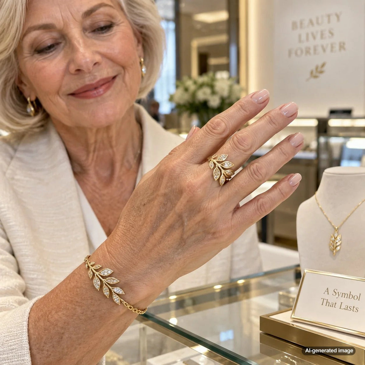 Elegant leaf motif jewelry representing growth, renewal, nature, and timeless symbolism