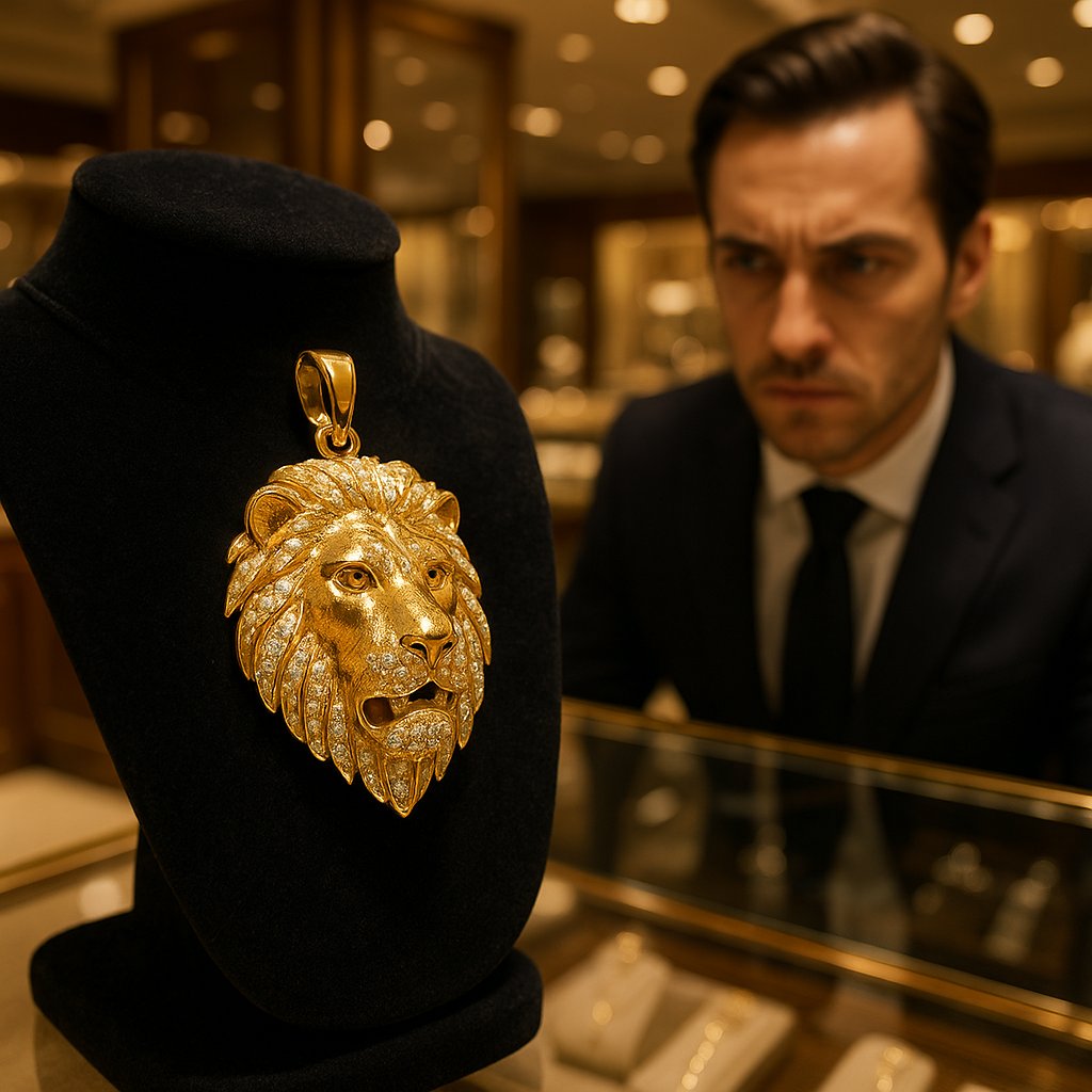Close up of a majestic gold lion head pendant necklace on display at Robinson's Jewelers