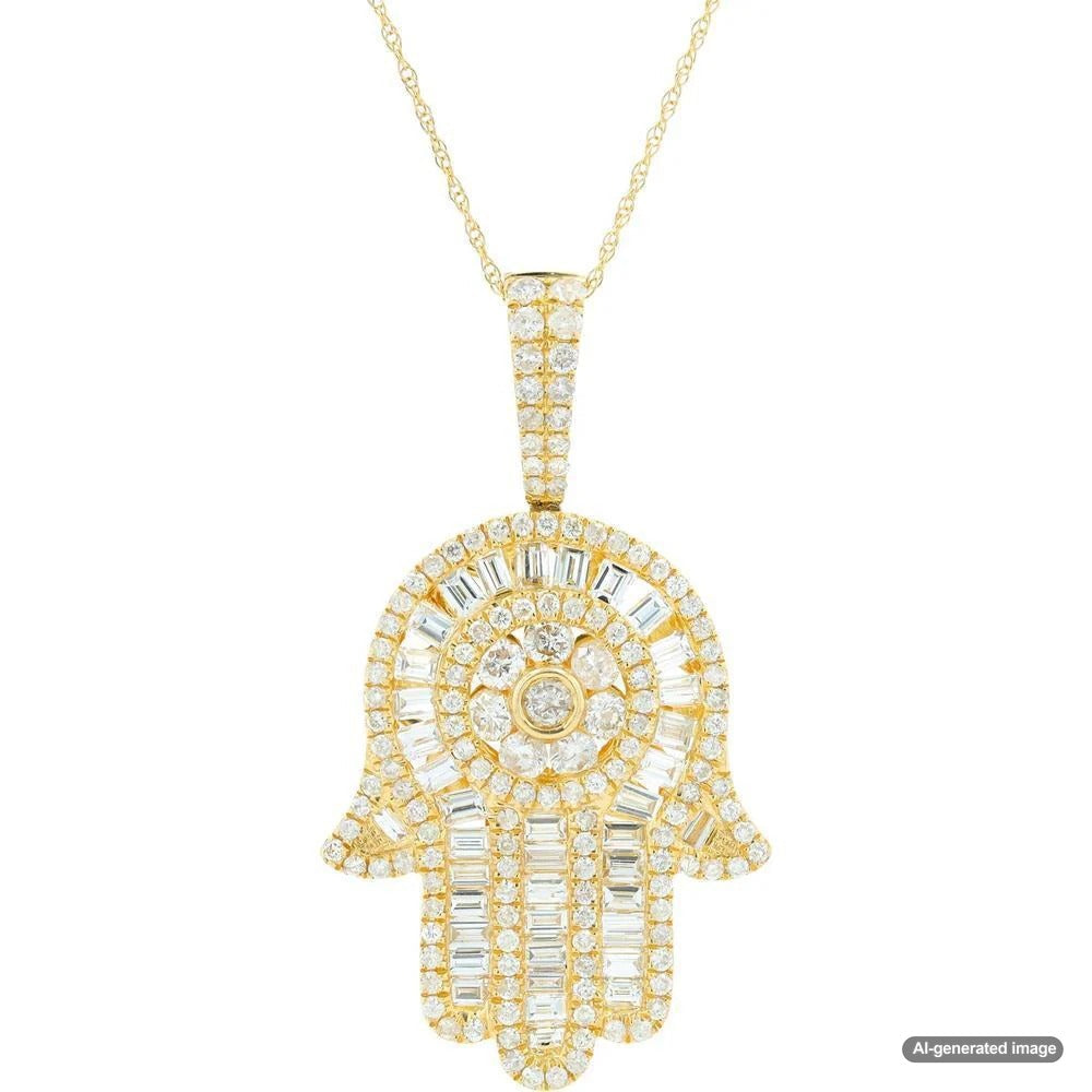 Elegant gold hand pendant necklace with intricate detailing, resting on a velvet display