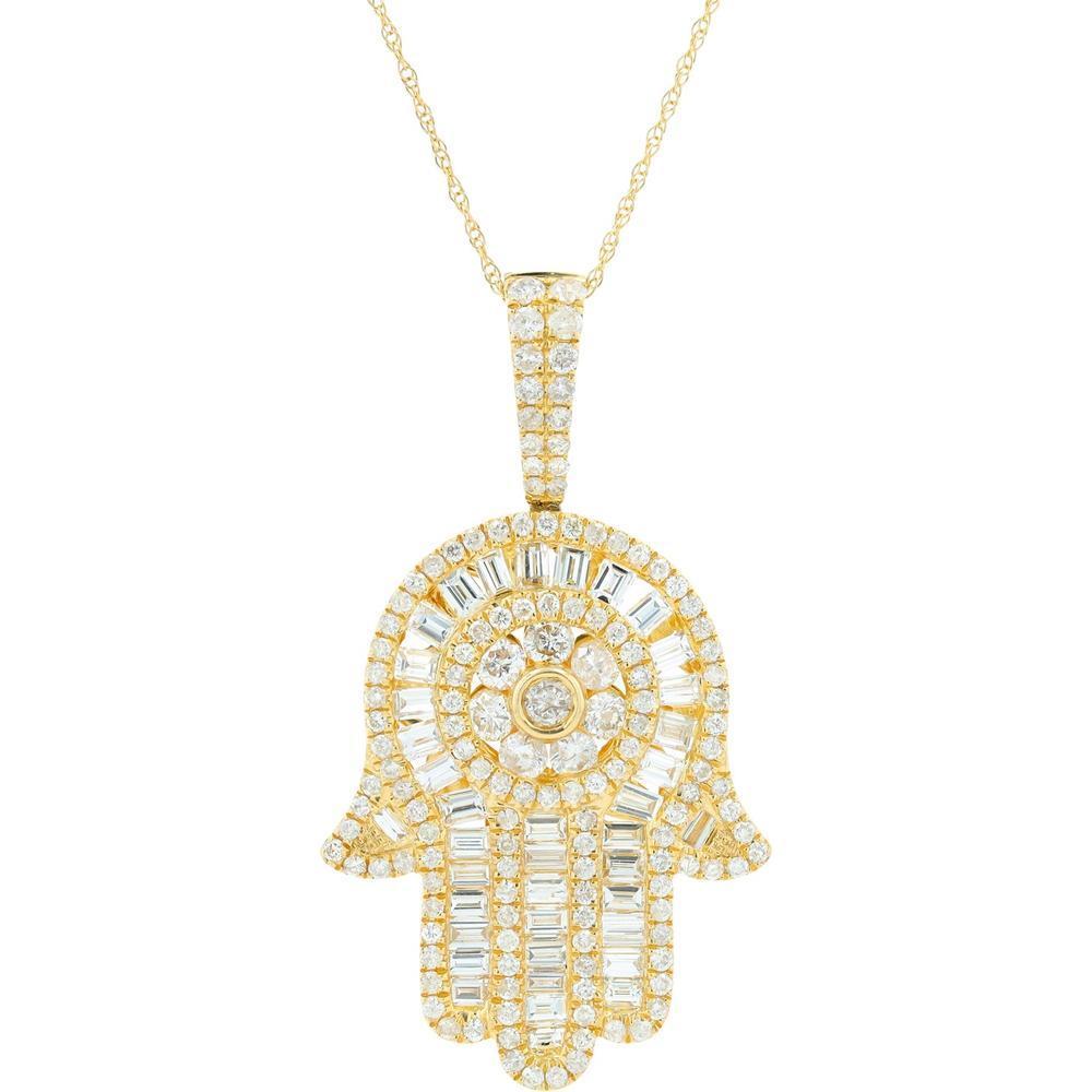 Elegant gold hand pendant necklace with intricate detailing, resting on a velvet display