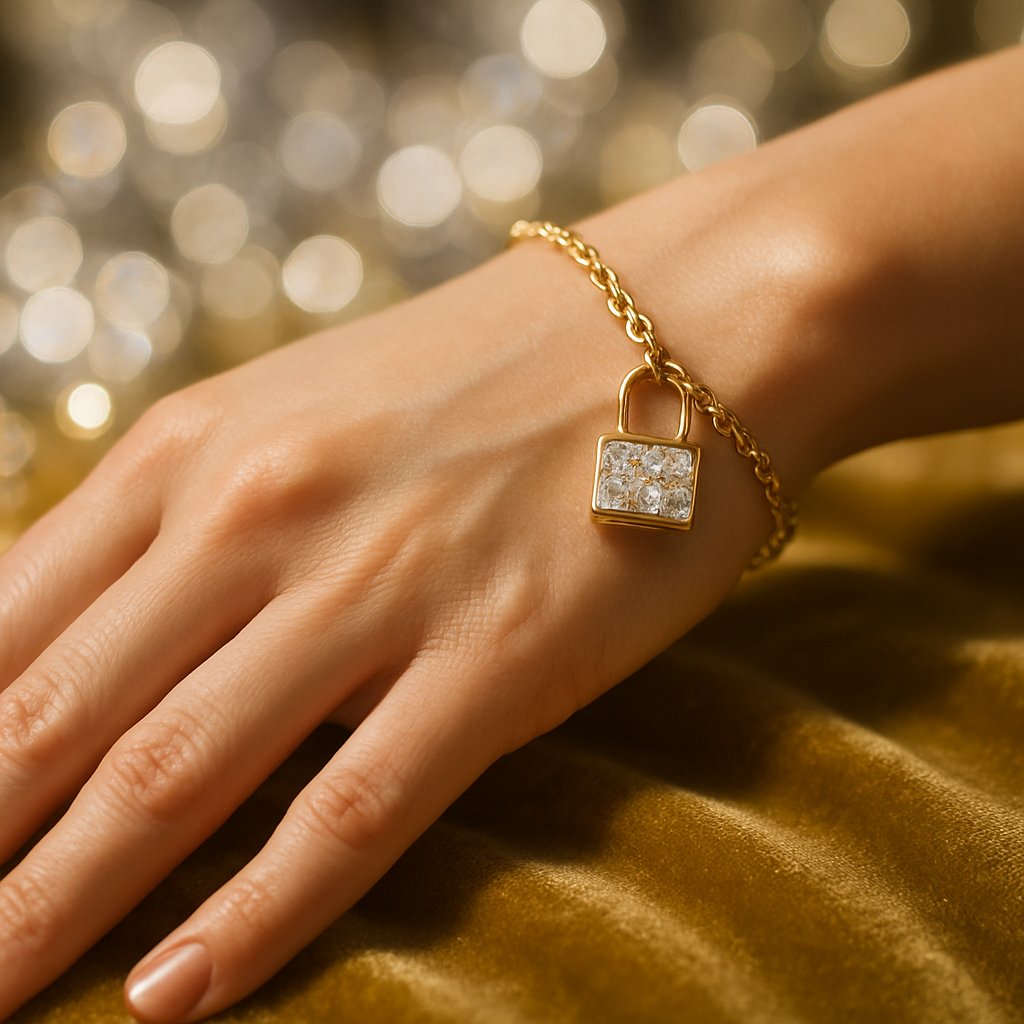 Elegant gold padlock pendant necklace with diamond accents on display at Robinson's Jewelers