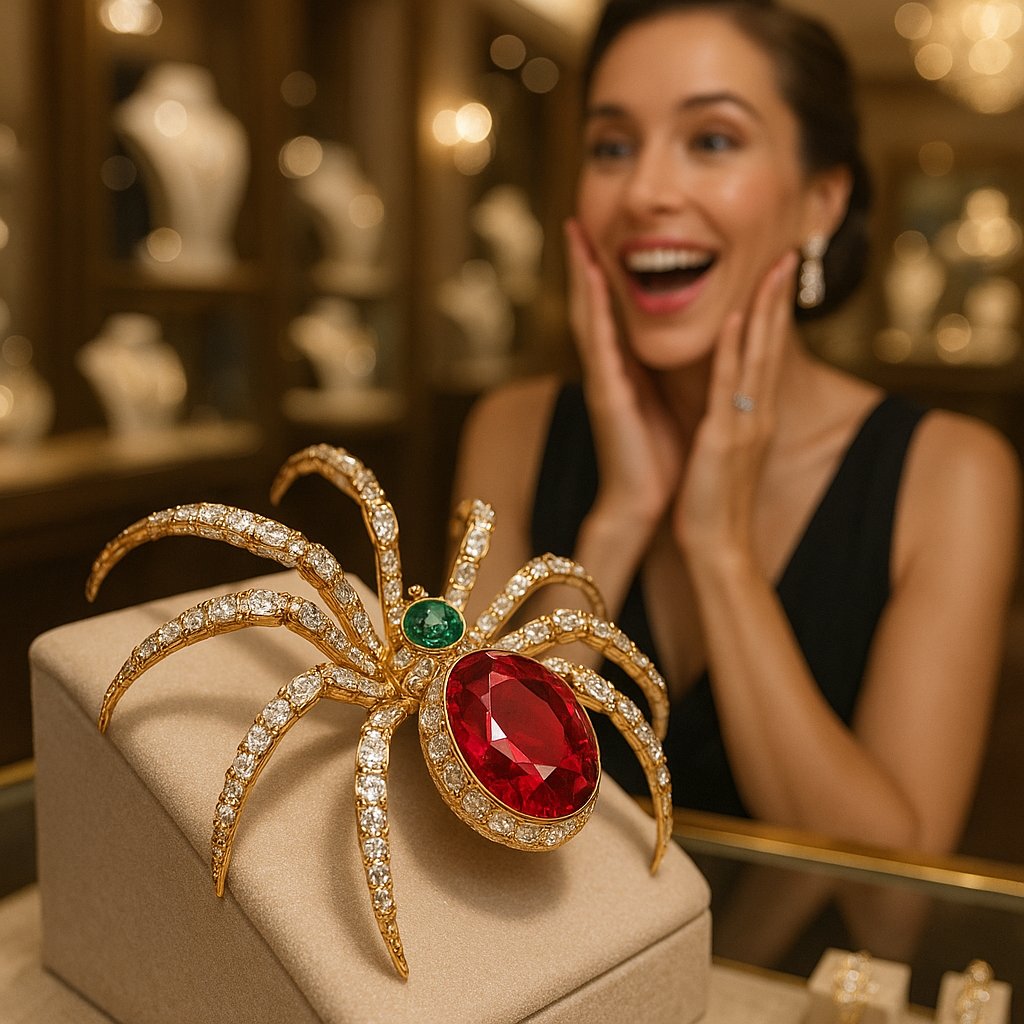 An elegant close-up of a finely crafted spider pendant necklace, showcasing detailed silverwork and sparkling gemstone eyes, symbolizing creativity and power in jewelry design.